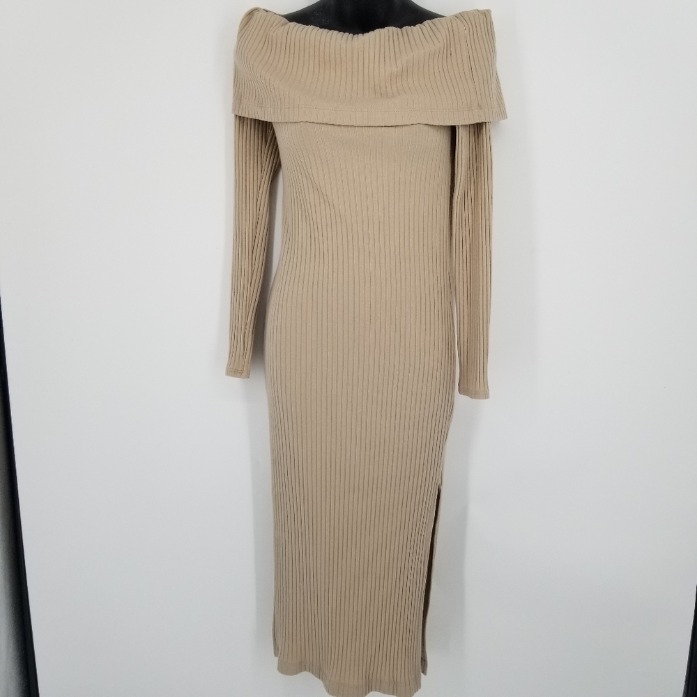 ANDREE BY UNIT rib knit sweater dress off shoulder cowl neck side slits fitted S